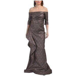 TERI JON Ruffle Bodice Off The Shoulder Elbow Sleeve Gown - Rose Gold/Navy